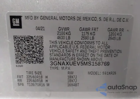 2021 Chevrolet Equinox Awd Lt z USA, uszkodzony, nr VIN 3GNAXUEV5MS158769